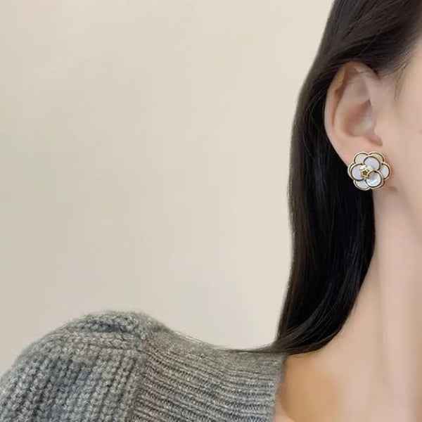 Camellia Flower Earrings - Black White Jewelry & Designer Floral Studs