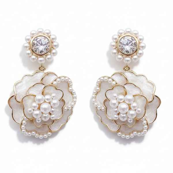 Camellia Pearl Drops | Vintage Gold Floral Pearl Dangle Earrings