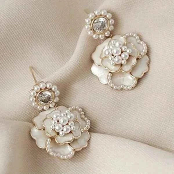 Camellia Pearl Drops | Vintage Gold Floral Pearl Dangle Earrings