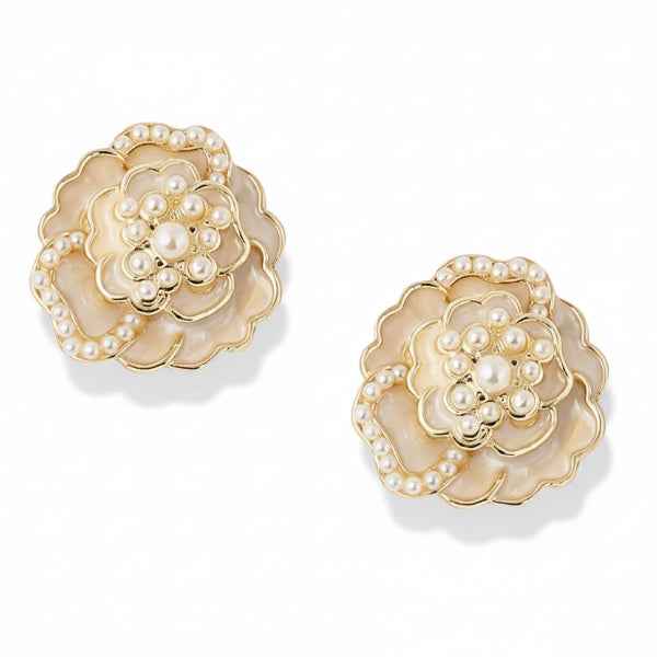 Camellia Pearl Earrings: Gold Floral Stud Earrings for Timeless Style