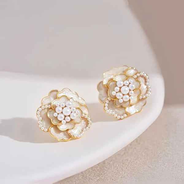Camellia Pearl Earrings: Gold Floral Stud Earrings for Timeless Style