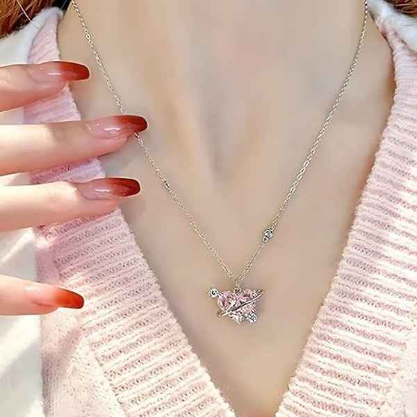 Celestial Pink Heart Saturn Necklace | Luminous Radiant Love Jewelry