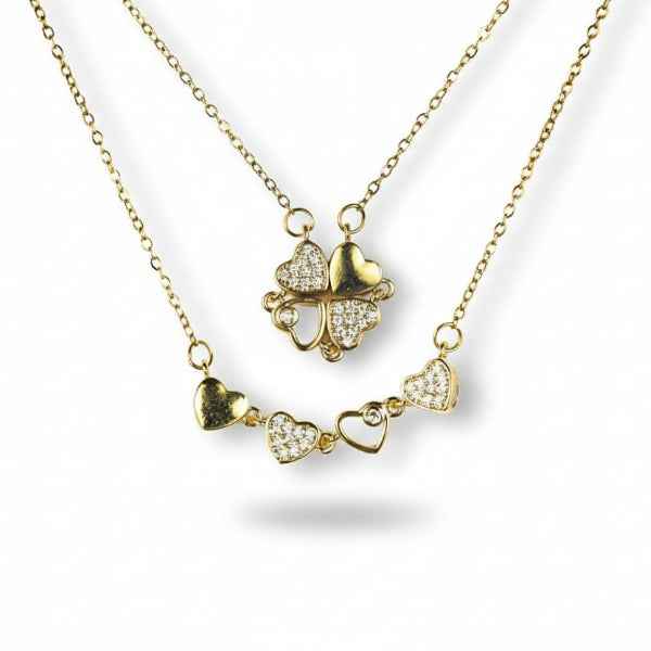 Gold Clover Heart Necklace - Shimmering Crystal Four Leaf Clover Set