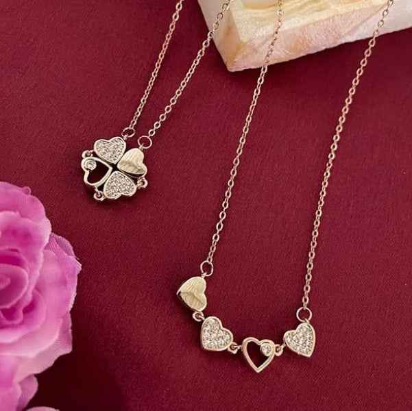 Gold Clover Heart Necklace - Shimmering Crystal Four Leaf Clover Set