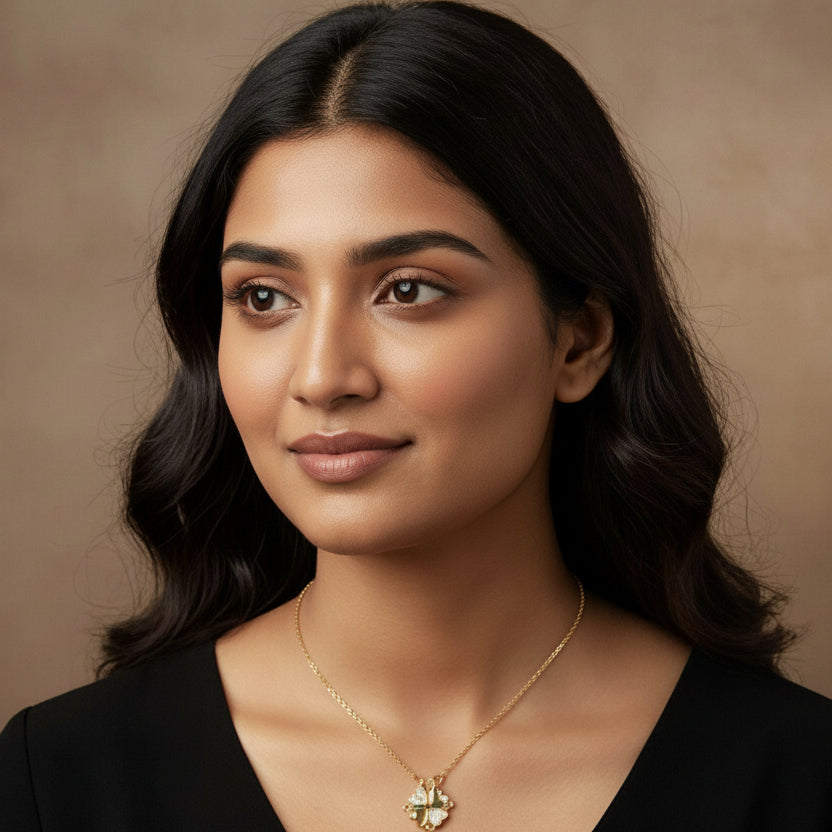 Gold Clover Heart Necklace - Shimmering Crystal Four Leaf Clover Set