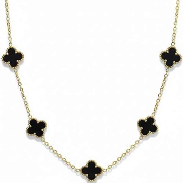 Gold Clover Necklace | Black Onyx Jewelry | Dainty Chain Dangle