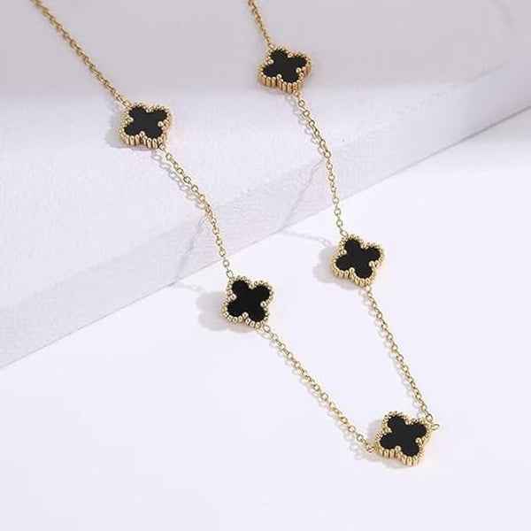 Gold Clover Necklace | Black Onyx Jewelry | Dainty Chain Dangle