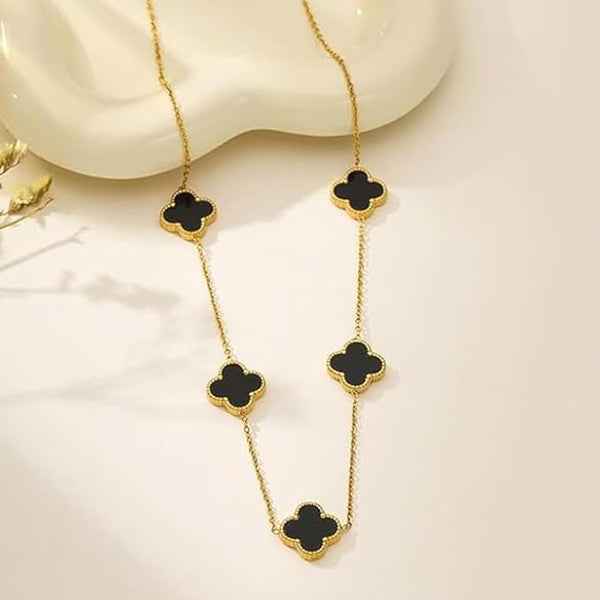 Gold Clover Necklace | Black Onyx Jewelry | Dainty Chain Dangle