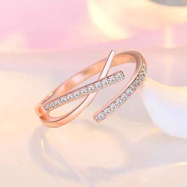 Cross Wrap Rose Gold Ring - Sparkling Adjustable Finger Ring for Her
