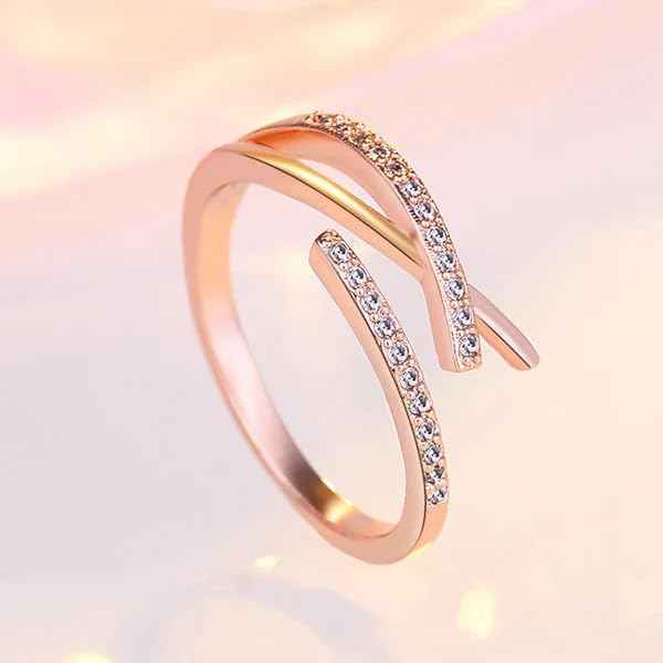 Cross Wrap Rose Gold Ring - Sparkling Adjustable Finger Ring for Her