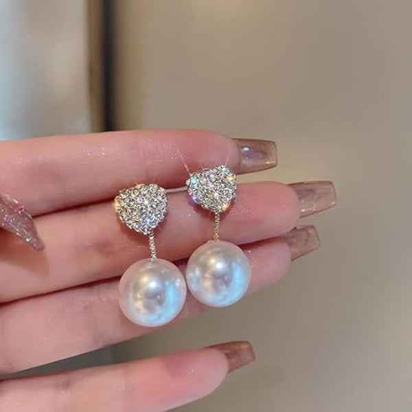 Elegant Pearl Earrings | Sparkling Crystal Heart Drop Dangle Jewelry