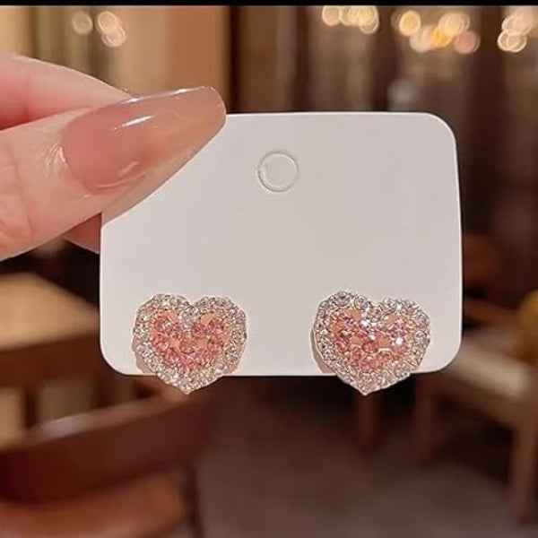 Crystal Heart Stud Earrings: Dainty Pink Pavé Jewelry for Women