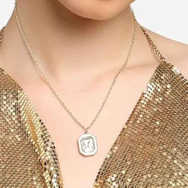 Dainty Gold Necklace | Crystal Pendant with Elegant Emerald Cut