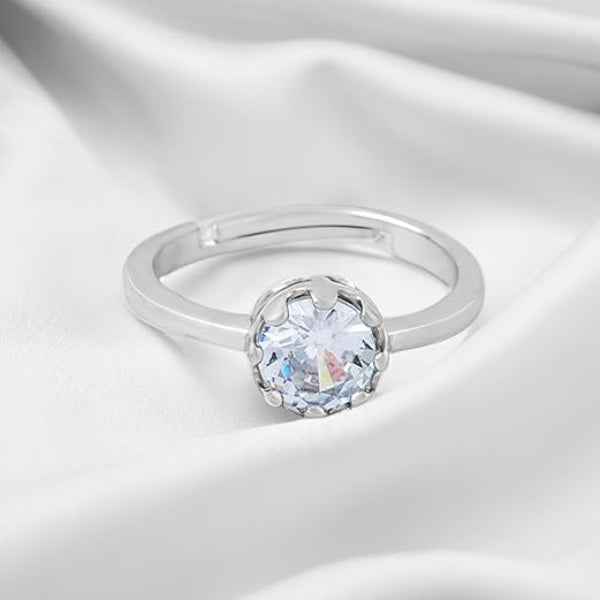 Bold Crystal Silver Ring - Radiant Solitaire Adjustable Finger Ring