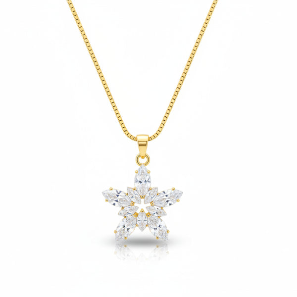 Crystal Star Necklace - Shimmering Flower Gold Box Chain Pendant
