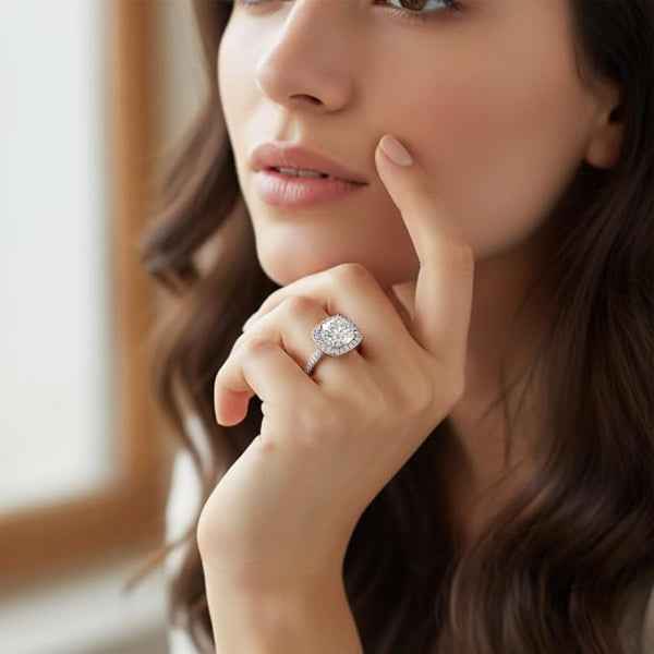 Cushion Cut Halo Ring | Sparkling Adjustable Finger Ring for Women