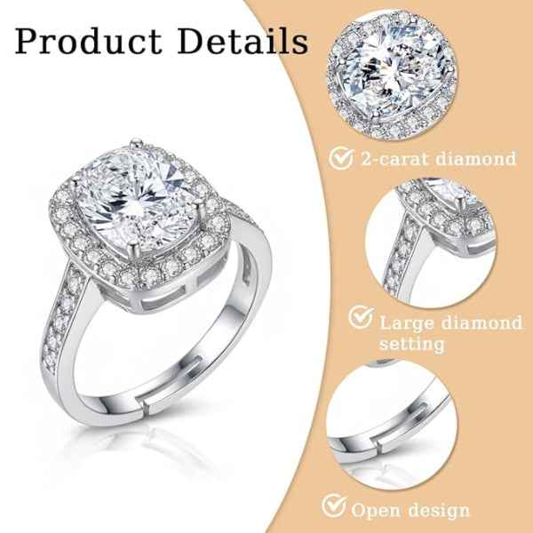 Cushion Cut Halo Ring | Sparkling Adjustable Finger Ring for Women