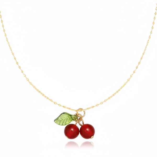 Dainty Cherry Necklace - Shimmering Fruit Pendant Gold Jewelry Gift