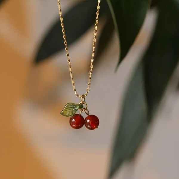 Dainty Cherry Necklace - Shimmering Fruit Pendant Gold Jewelry Gift