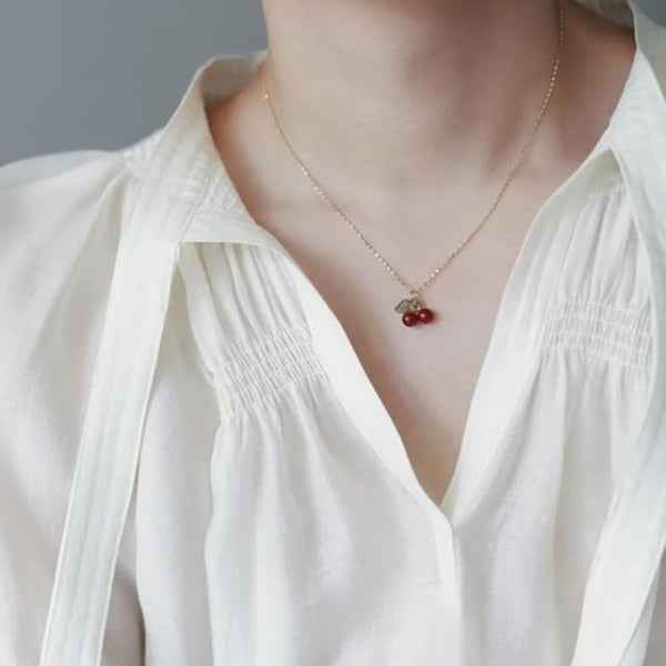 Dainty Cherry Necklace - Shimmering Fruit Pendant Gold Jewelry Gift