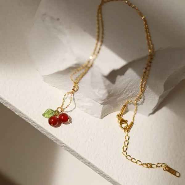 Dainty Cherry Necklace - Shimmering Fruit Pendant Gold Jewelry Gift