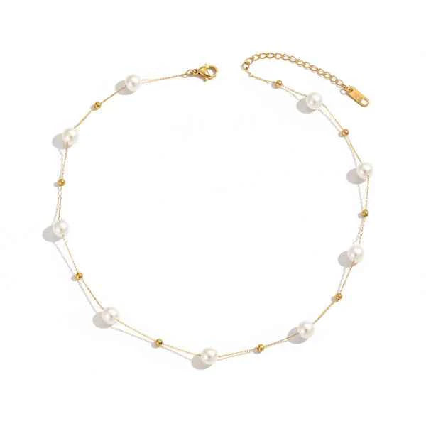 Pack of 2 Gold Plated Pearl Choker Necklace | Layered Multi-Strand Pearl Choker with Dainty Minimalist Beaded Pearl Necklace
