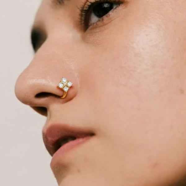 Diamond Gold Nose Pin - Sparkling 14K Tone Hoop Nose Pin for Women