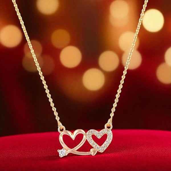 Double Heart Necklace in Gold - Dainty Sparkling Heart Pendant