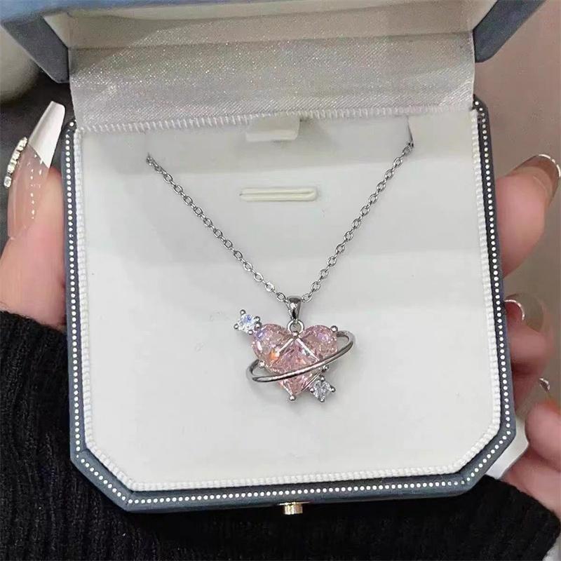 Celestial Pink Heart Saturn Necklace | Luminous Radiant Love Jewelry