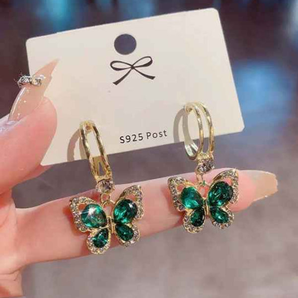 Emerald Butterfly Earrings | Gold Butterfly Hoops Crystal Jewelry