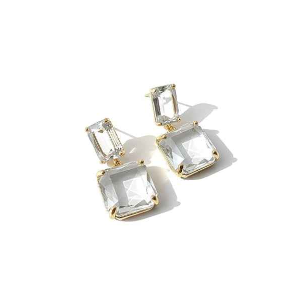 Pack of 2 Gold Plated Crystal Flower Studs & Emerald Cut Drop Earrings | Floral CZ Studs with Crystal Statement Earrings