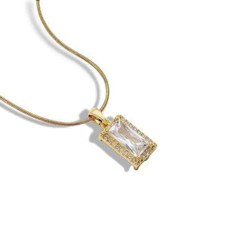 Emerald Cut Necklace with Halo - Radiant Gold Crystal Pendant