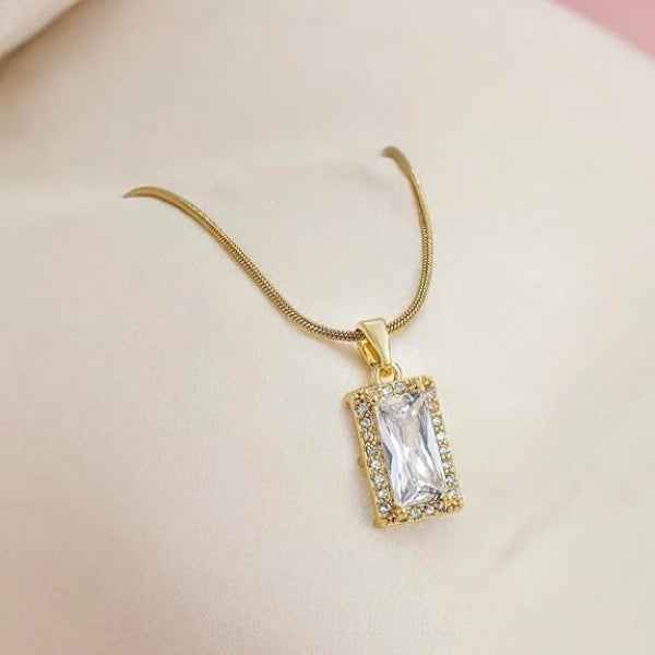 Emerald Cut Necklace with Halo - Radiant Gold Crystal Pendant