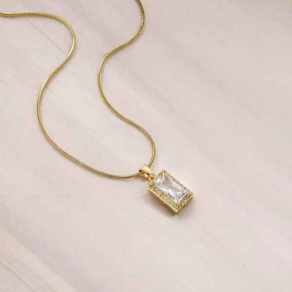 Emerald Cut Necklace with Halo - Radiant Gold Crystal Pendant
