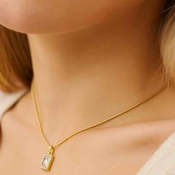 Emerald Cut Necklace with Halo - Radiant Gold Crystal Pendant