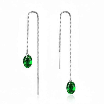 Emerald Drop Earrings - Shimmering Green Crystal Silver Threaders