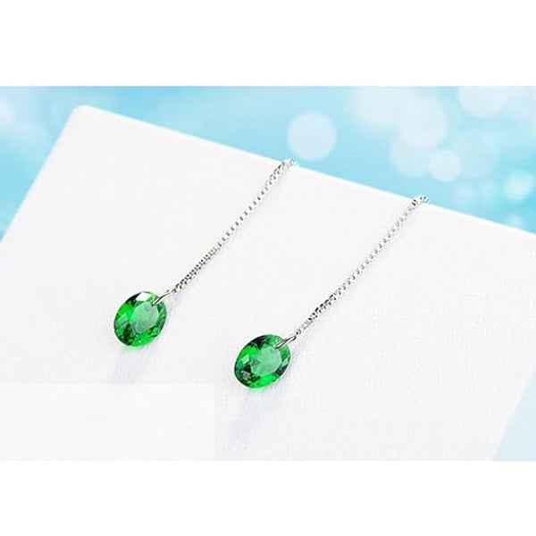 Emerald Drop Earrings - Shimmering Green Crystal Silver Threaders