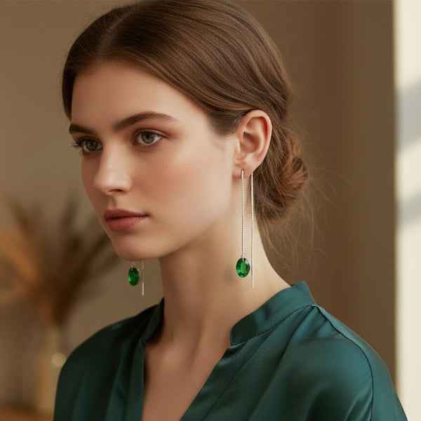 Emerald Drop Earrings - Shimmering Green Crystal Silver Threaders