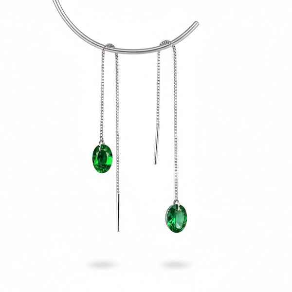 Emerald Drop Earrings - Shimmering Green Crystal Silver Threaders