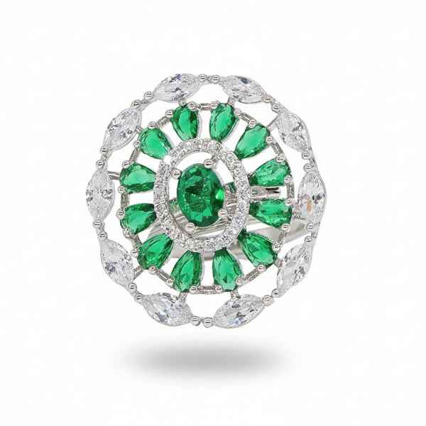 Emerald Statement Ring with Marquise Crystals and Silver Cluster Band