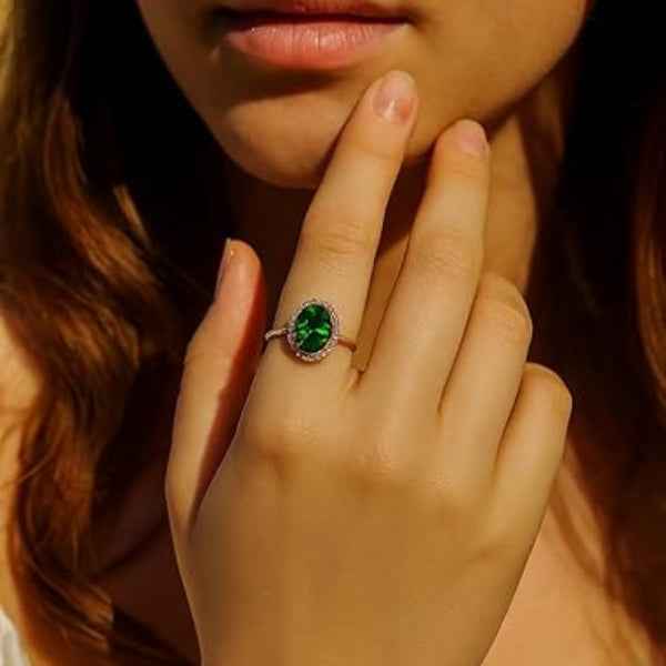 Emerald Statement Ring - Oval Green Gemstone Cocktail Ring for Women