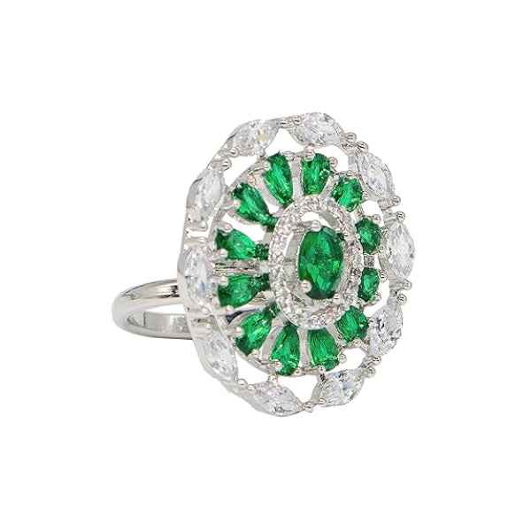 Emerald Statement Ring with Marquise Crystals and Silver Cluster Band