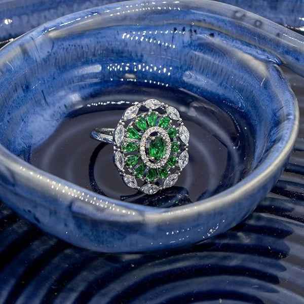Emerald Statement Ring with Marquise Crystals and Silver Cluster Band