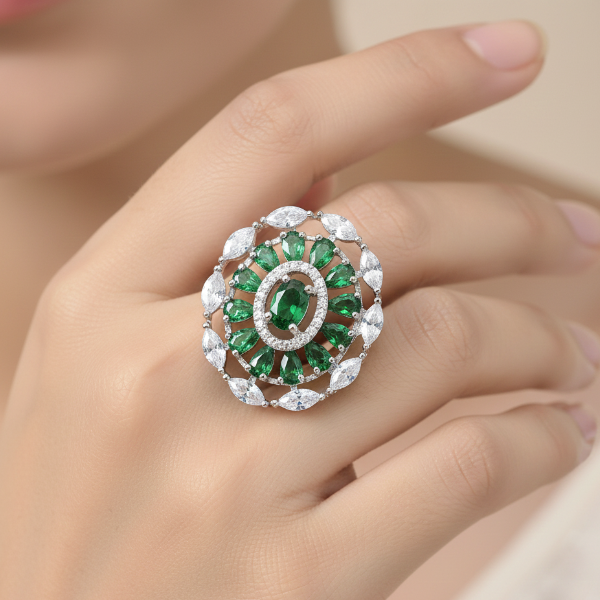 Emerald Statement Ring with Marquise Crystals and Silver Cluster Band