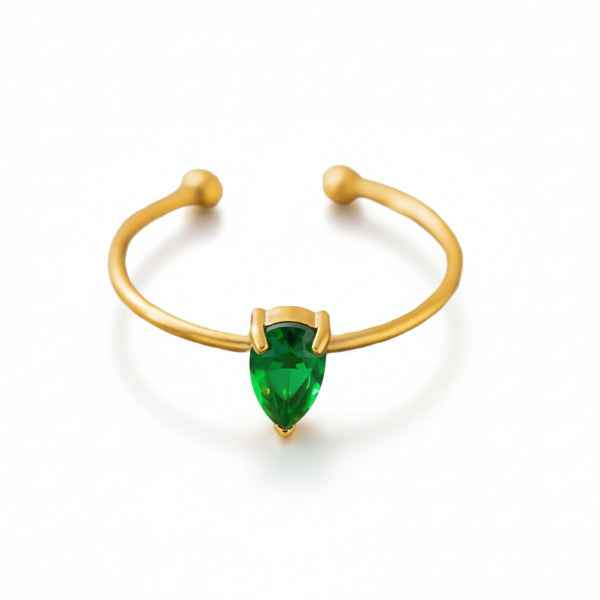 Emerald Teardrop Ring - Elegant Pear Cut Green Stone Adjustable Band