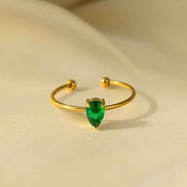 Emerald Teardrop Ring - Elegant Pear Cut Green Stone Adjustable Band