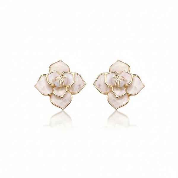 Elegant Enamel Flower Stud Earrings | Cream Floral Statement Jewelry