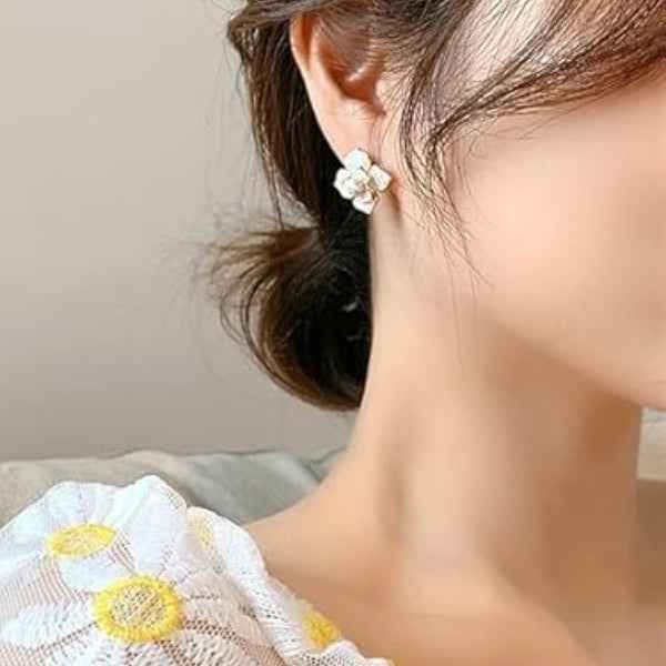 Elegant Enamel Flower Stud Earrings | Cream Floral Statement Jewelry