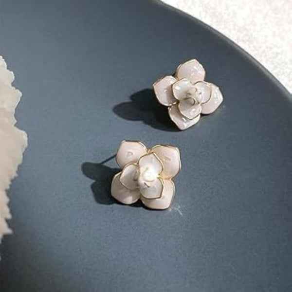 Elegant Enamel Flower Stud Earrings | Cream Floral Statement Jewelry