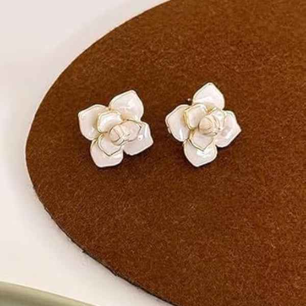 Elegant Enamel Flower Stud Earrings | Cream Floral Statement Jewelry